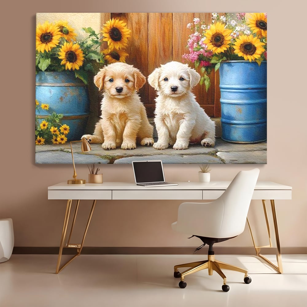 Tablou canvas cu pictura cu doi catei si floarea-soarelui, fara rama, pe sasiu de lemn, pe perete intr-un birou